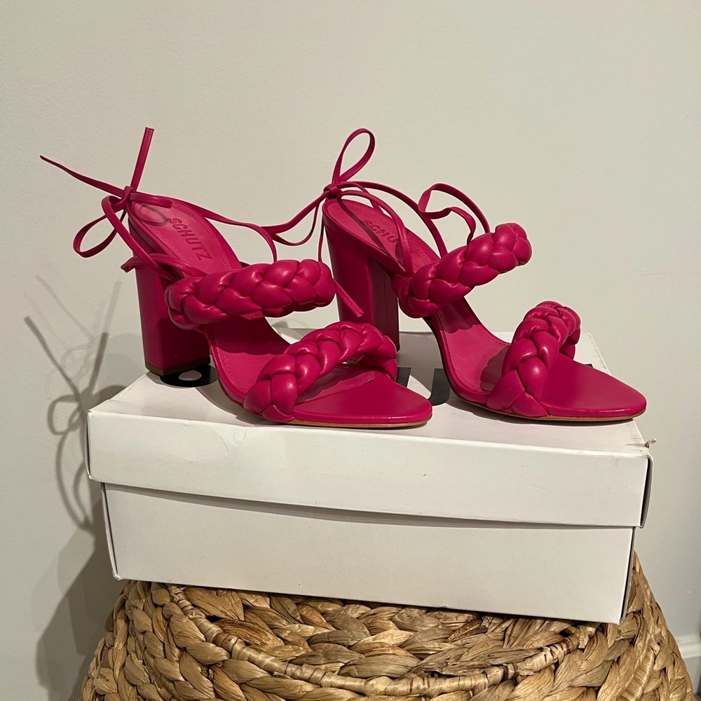 Schutz Hot Pink Zardia High Block Braided Sandal NIB